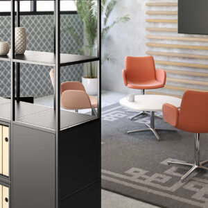 Office breakout space with Flexigrid shelving and Miss Collaborative Chair