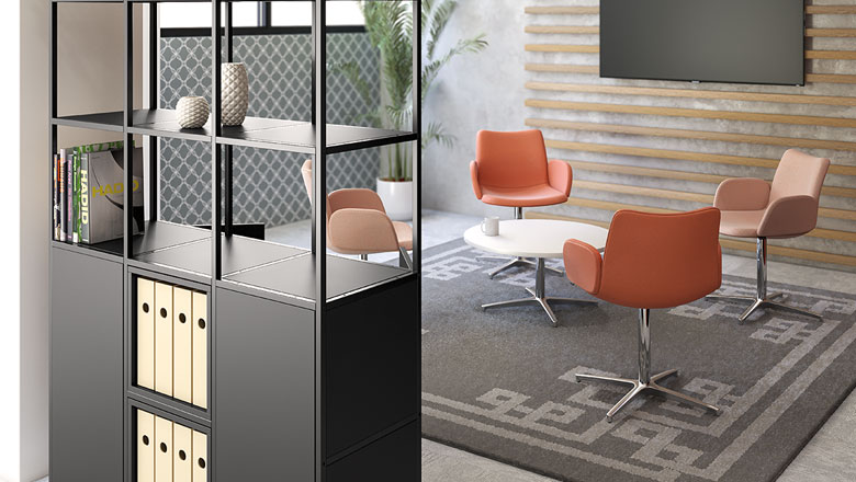 Office breakout space with Flexigrid shelving and Miss Collaborative Chair