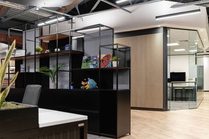 All black office grid shelving system