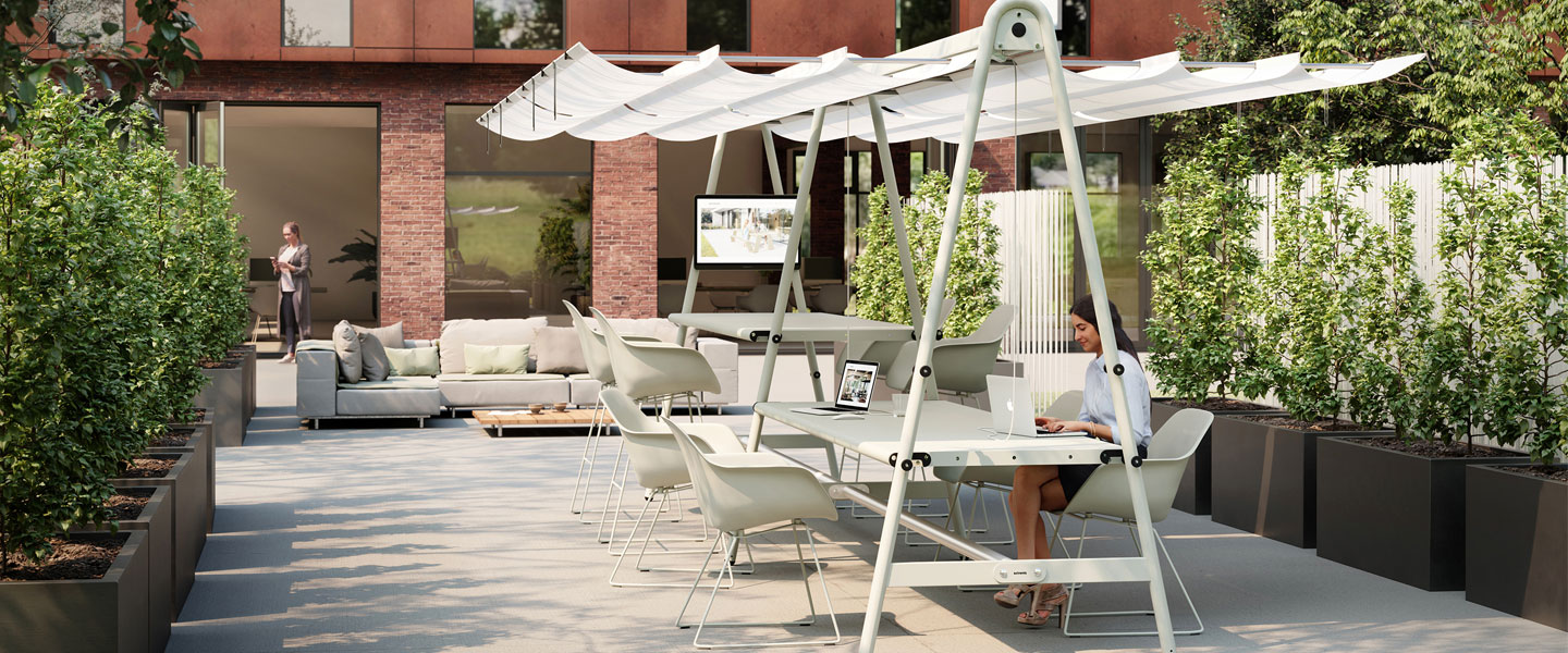 Commercial outdoor table wit overhead canopy shade